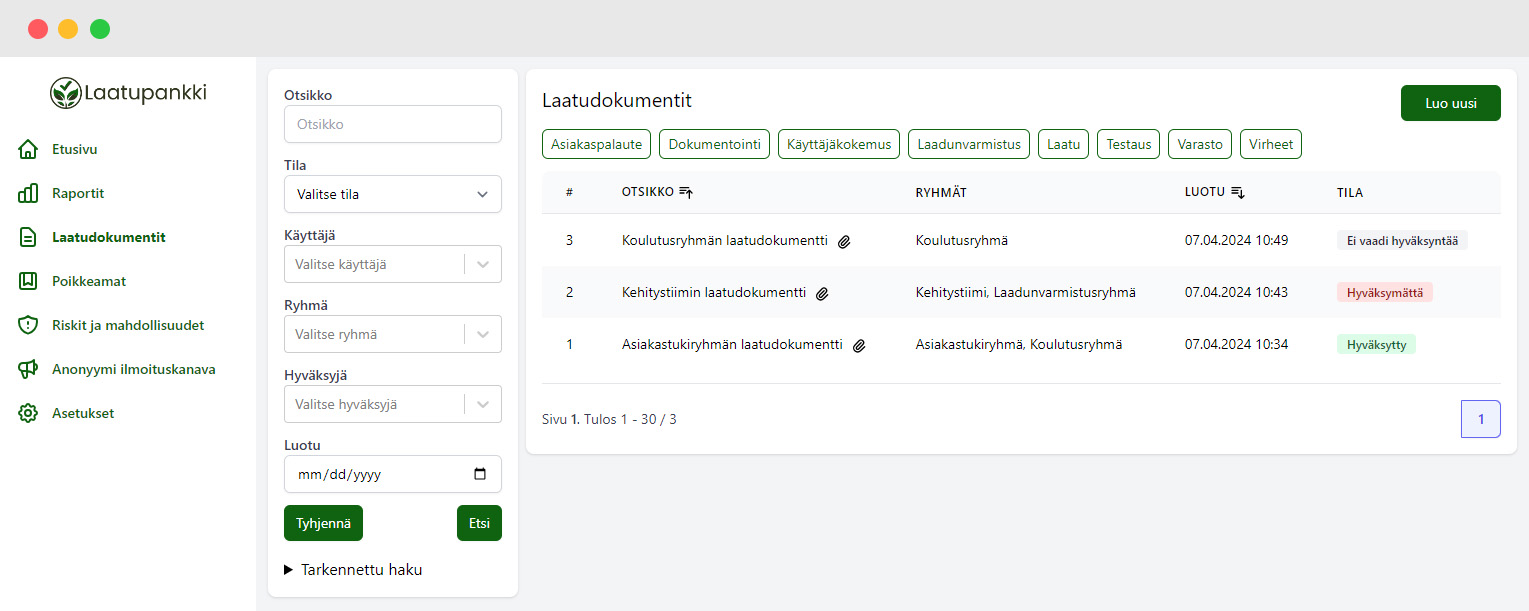 Kuvankaappaus Laatupankin ohjelmiston laatudokumenttien index sivusta