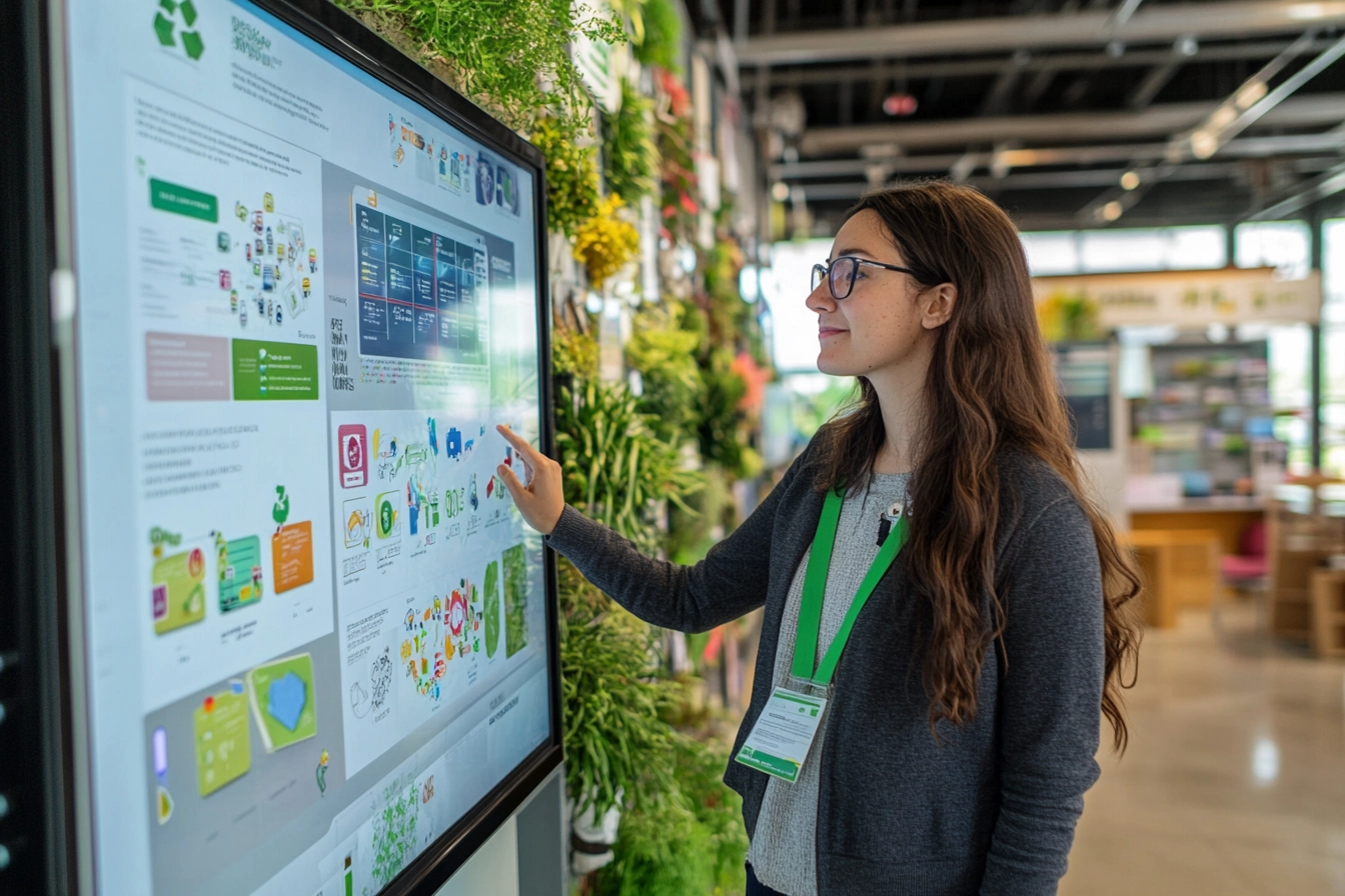 Kestävän kehityksen asiantuntija seisoo modernissa, ekoteemaisessa innovaatiokeskuksessa kiertotalouden periaatteita esittelevän näytön vieressä.