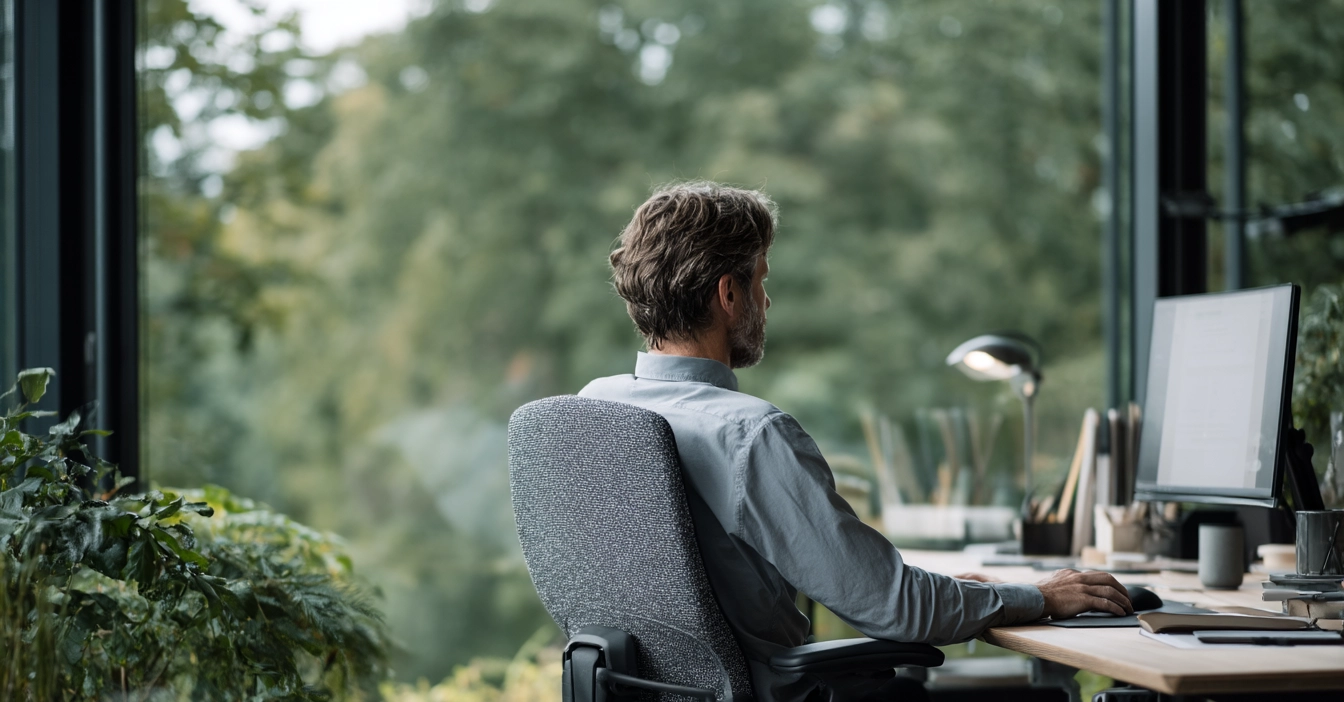 Mies istuu ergonomisella työpisteellä työpöydän ääressä, taustalla luonnonvaloa ja vihreitä kasveja näkyy ikkunan takaa.