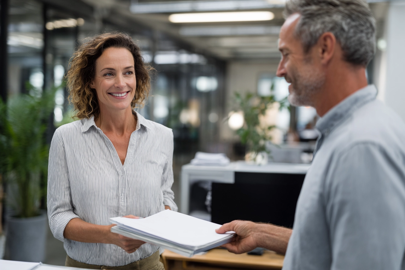 Henkilö pitelee käsissään kansioita